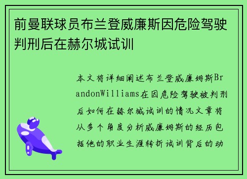前曼联球员布兰登威廉斯因危险驾驶判刑后在赫尔城试训