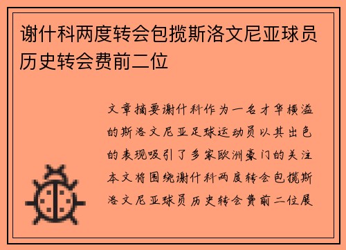 谢什科两度转会包揽斯洛文尼亚球员历史转会费前二位