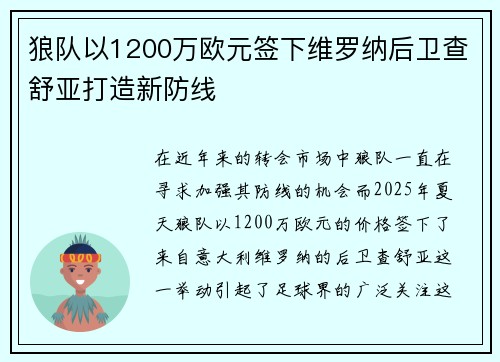 狼队以1200万欧元签下维罗纳后卫查舒亚打造新防线 狼队以1200万欧元签下维罗纳后卫查舒亚打造新防线